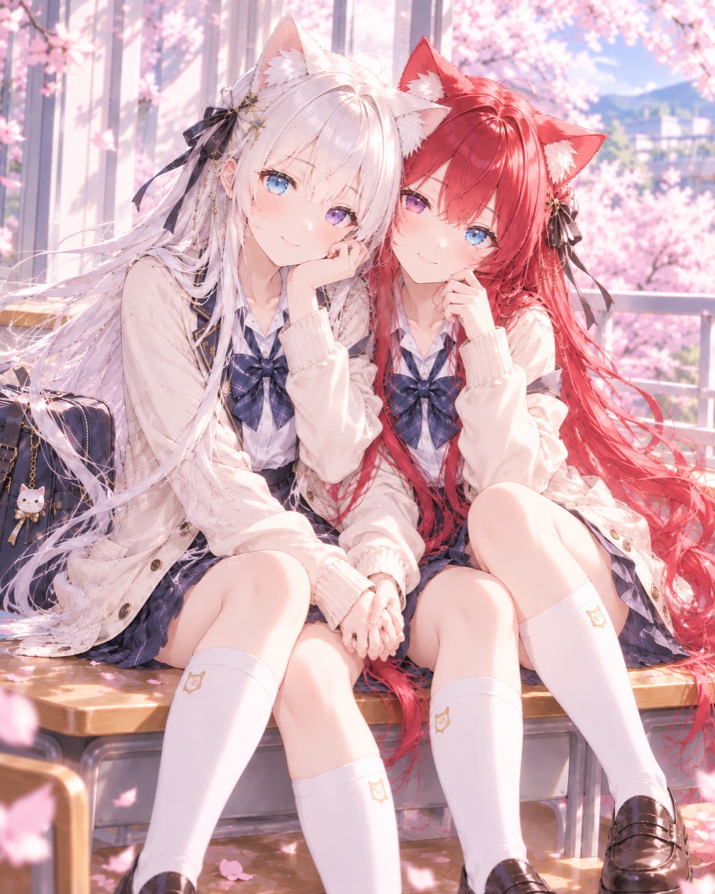 桜の教室で並ぶ、白髪と赤髪の猫耳の女の子二人のイラスト