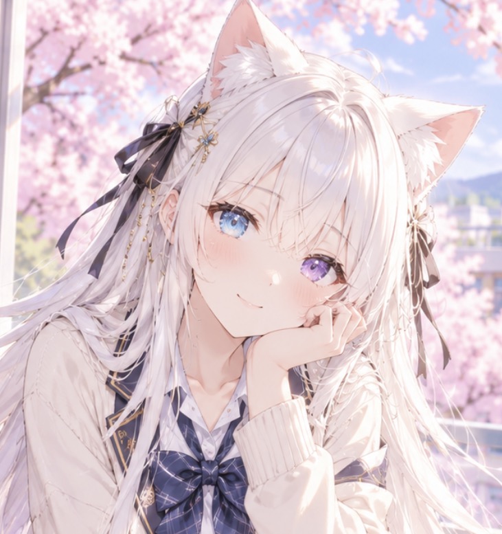 SNNMのプロフィール画像：桜を背景にした白髪の猫耳の少女